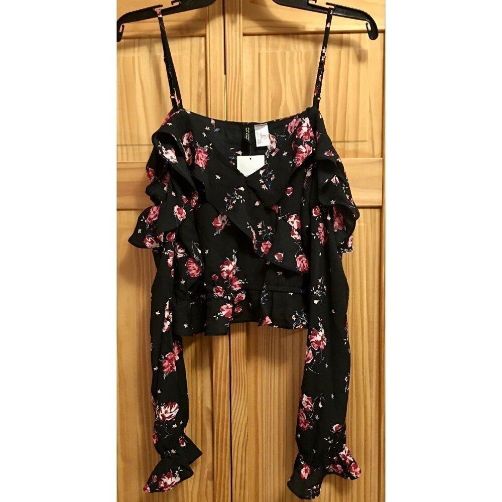 Womens Sz 10 Top By Divided Long Sleeve Ruffles V-Neck Off Shoulder NWT